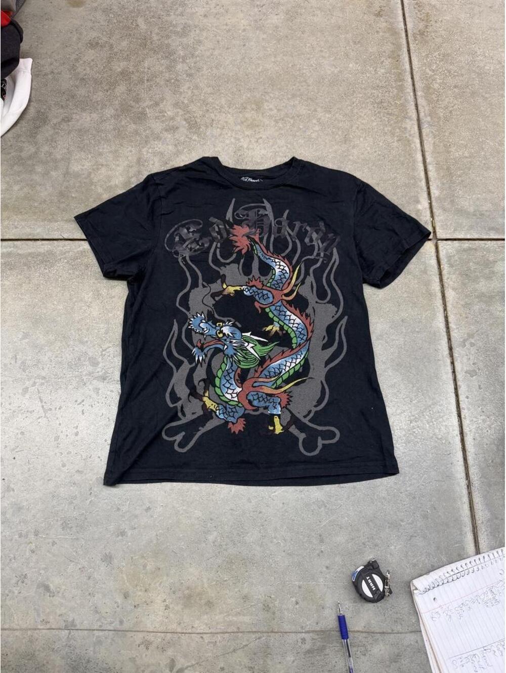 vintage ed hardy dragon faded black big logo shirt size small